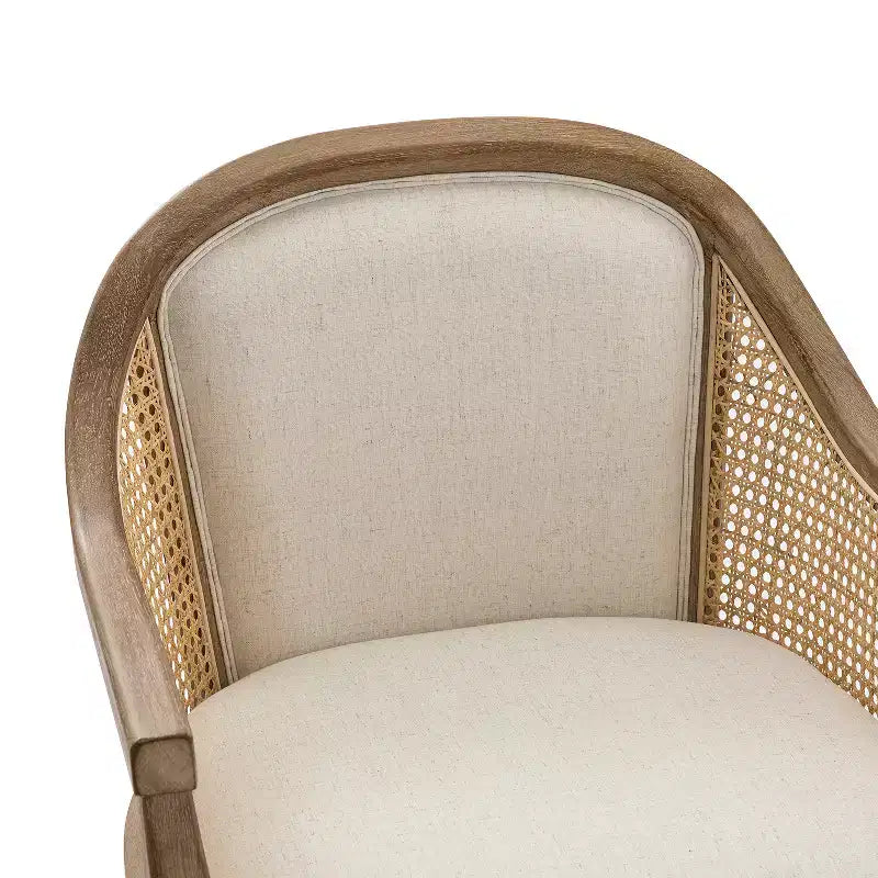 Sedia da lavoro girevole con braccioli in rattan e cuscino in misto lino naturale e schiuma