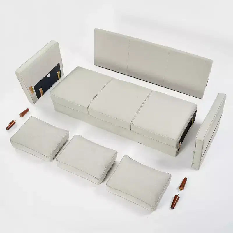 Divano moderno in tessuto lino con tasche sui braccioli
